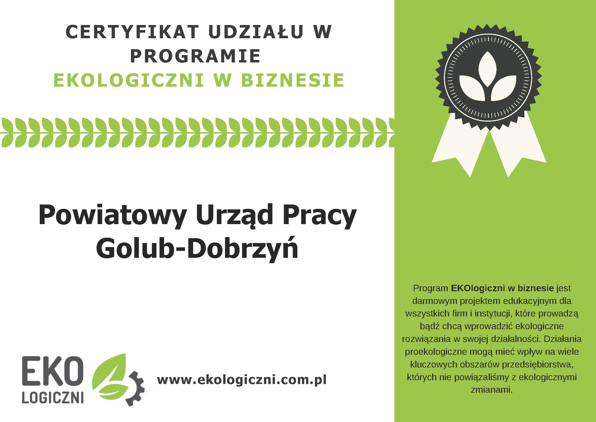 Powiatowy Urząd Pracy Golub-Dobrzyń Certyfikat ekologiczny